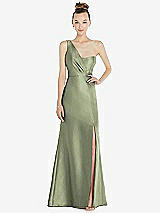 Front View Thumbnail - Sage Draped One-Shoulder Satin Trumpet Gown with Front Slit