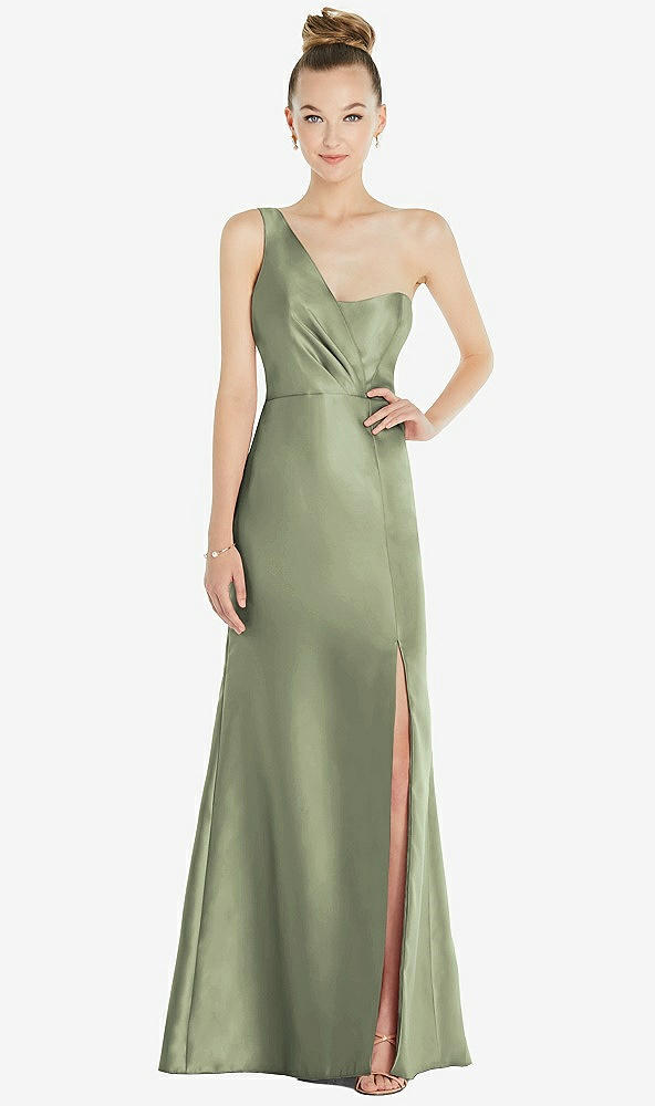 Front View - Sage Draped One-Shoulder Satin Trumpet Gown with Front Slit