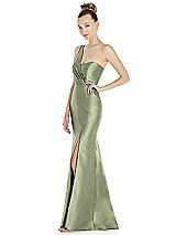 Side View Thumbnail - Sage Draped One-Shoulder Satin Trumpet Gown with Front Slit