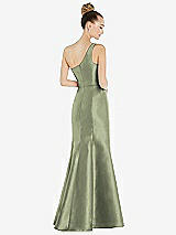 Rear View Thumbnail - Sage Draped One-Shoulder Satin Trumpet Gown with Front Slit