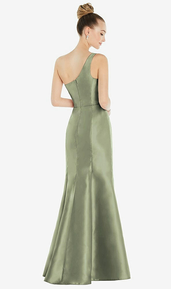 Back View - Sage Draped One-Shoulder Satin Trumpet Gown with Front Slit