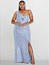 Alt View 1 Thumbnail - Sky Blue Draped One-Shoulder Satin Trumpet Gown with Front Slit