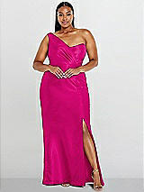 Alt View 1 Thumbnail - Think Pink Draped One-Shoulder Satin Trumpet Gown with Front Slit