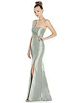 Side View Thumbnail - Willow Green Draped One-Shoulder Satin Trumpet Gown with Front Slit