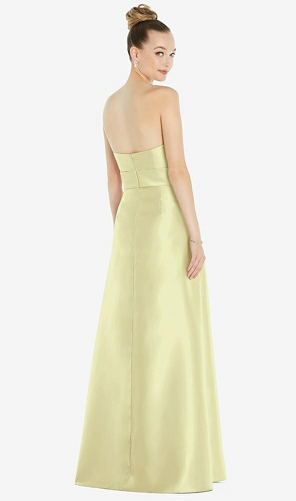 Back View - Butter Yellow Basque-Neck Strapless Satin Gown with Mini Sash