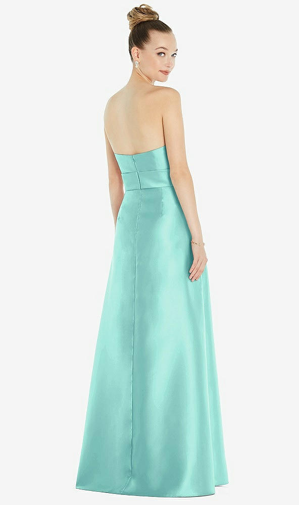 Back View - Coastal Basque-Neck Strapless Satin Gown with Mini Sash