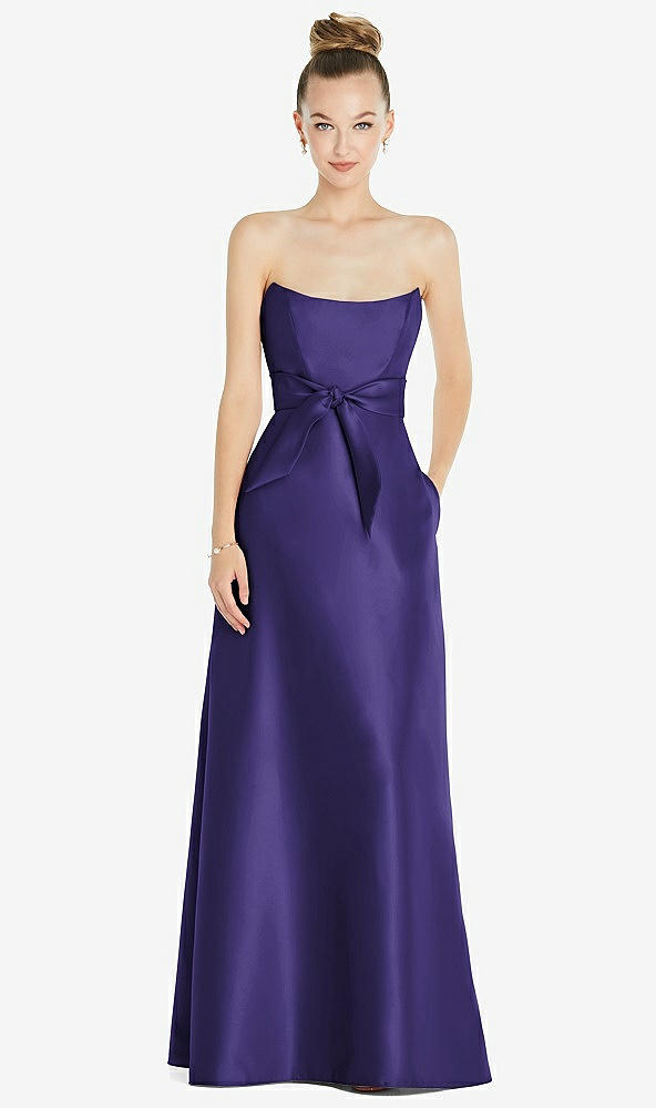 Front View - Grape Basque-Neck Strapless Satin Gown with Mini Sash