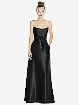 Front View Thumbnail - Black Basque-Neck Strapless Satin Gown with Mini Sash