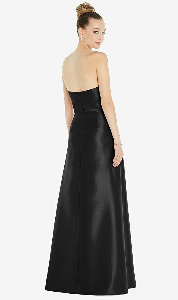 Back View - Black Basque-Neck Strapless Satin Gown with Mini Sash