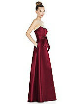 Side View Thumbnail - Burgundy Basque-Neck Strapless Satin Gown with Mini Sash