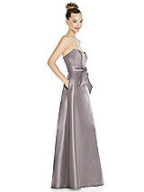 Side View Thumbnail - Cashmere Gray Basque-Neck Strapless Satin Gown with Mini Sash