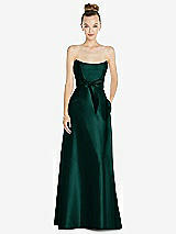 Front View Thumbnail - Evergreen Basque-Neck Strapless Satin Gown with Mini Sash