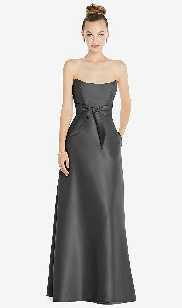 Front View - Gunmetal Basque-Neck Strapless Satin Gown with Mini Sash