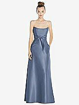 Front View Thumbnail - Larkspur Blue Basque-Neck Strapless Satin Gown with Mini Sash