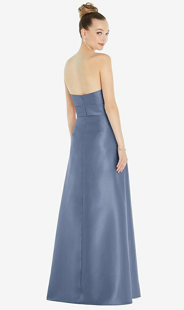 Back View - Larkspur Blue Basque-Neck Strapless Satin Gown with Mini Sash