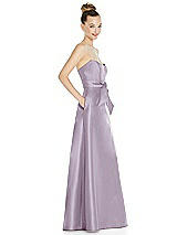 Side View Thumbnail - Lilac Haze Basque-Neck Strapless Satin Gown with Mini Sash