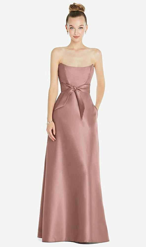 Front View - Neu Nude Basque-Neck Strapless Satin Gown with Mini Sash