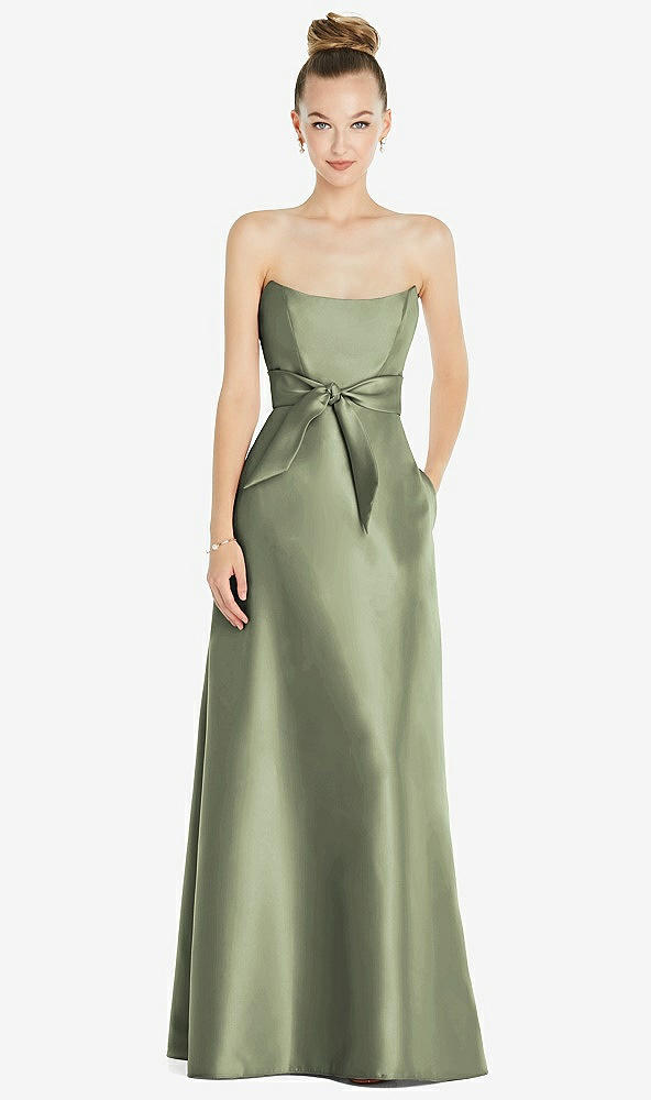 Front View - Sage Basque-Neck Strapless Satin Gown with Mini Sash