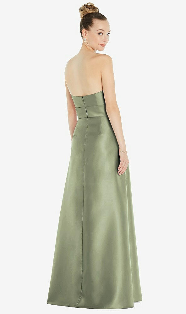 Back View - Sage Basque-Neck Strapless Satin Gown with Mini Sash