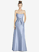 Front View Thumbnail - Sky Blue Basque-Neck Strapless Satin Gown with Mini Sash