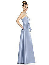 Side View Thumbnail - Sky Blue Basque-Neck Strapless Satin Gown with Mini Sash