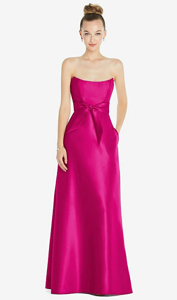 Front View - Think Pink Basque-Neck Strapless Satin Gown with Mini Sash