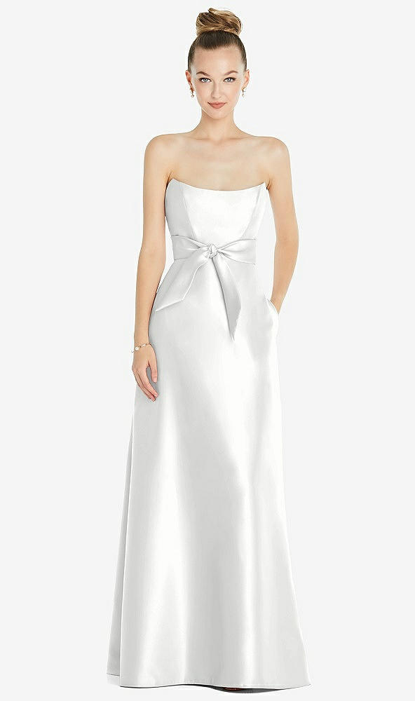 Front View - White Basque-Neck Strapless Satin Gown with Mini Sash