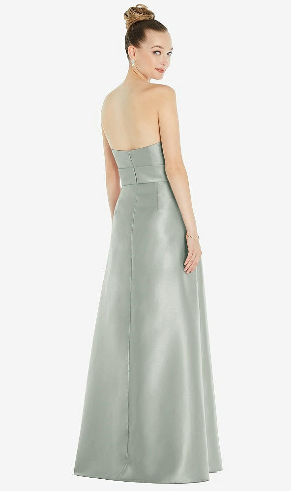 Back View - Willow Green Basque-Neck Strapless Satin Gown with Mini Sash