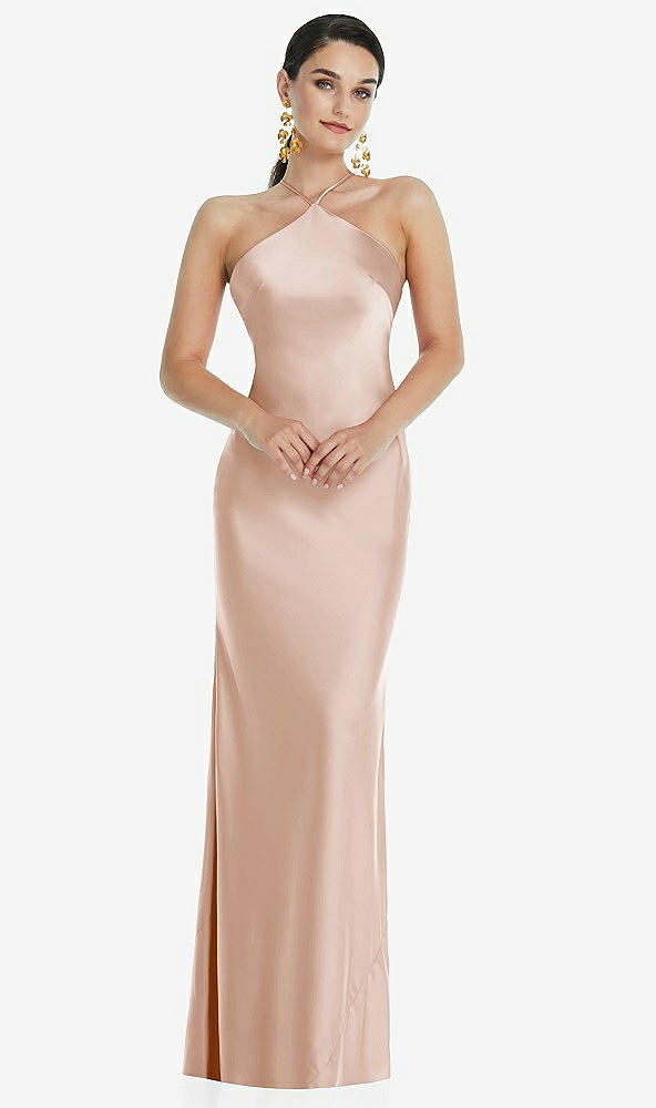 Front View - Cameo Diamond Halter Bias Maxi Slip Dress with Convertible Straps