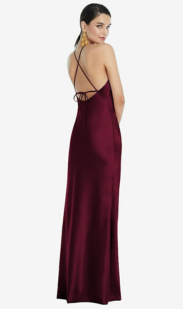 Back View - Cabernet Diamond Halter Bias Maxi Slip Dress with Convertible Straps