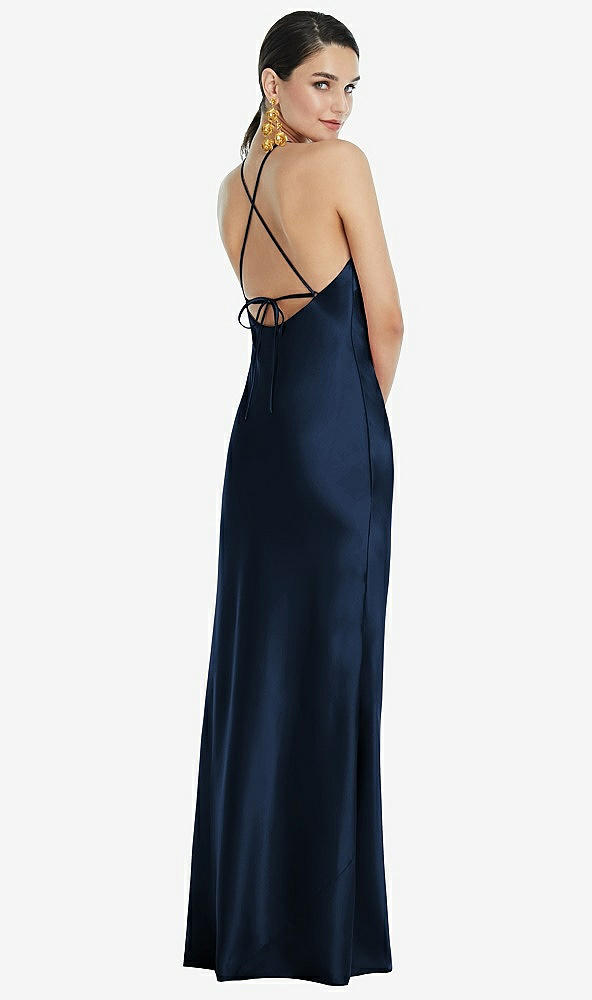 Back View - Midnight Navy Diamond Halter Bias Maxi Slip Dress with Convertible Straps