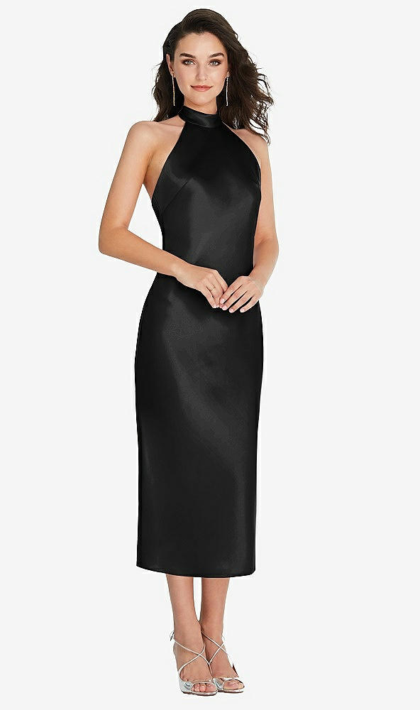 Front View - Black Scarf Tie High-Neck Halter Midi Slip Dress