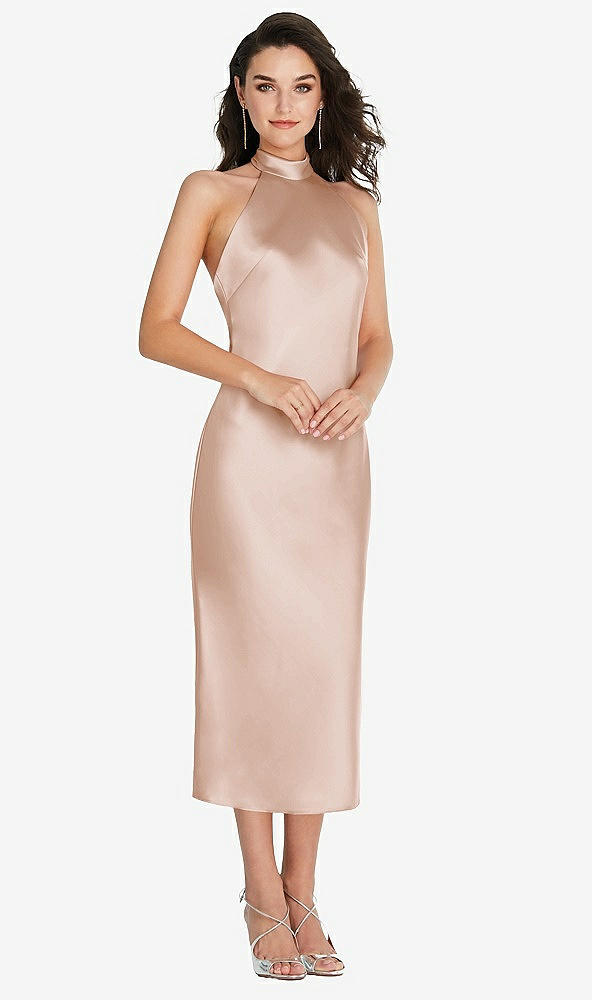 Front View - Cameo Scarf Tie High-Neck Halter Midi Slip Dress