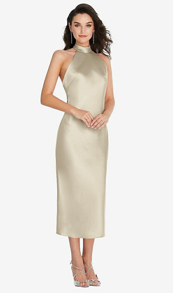 Front View - Champagne Scarf Tie High-Neck Halter Midi Slip Dress