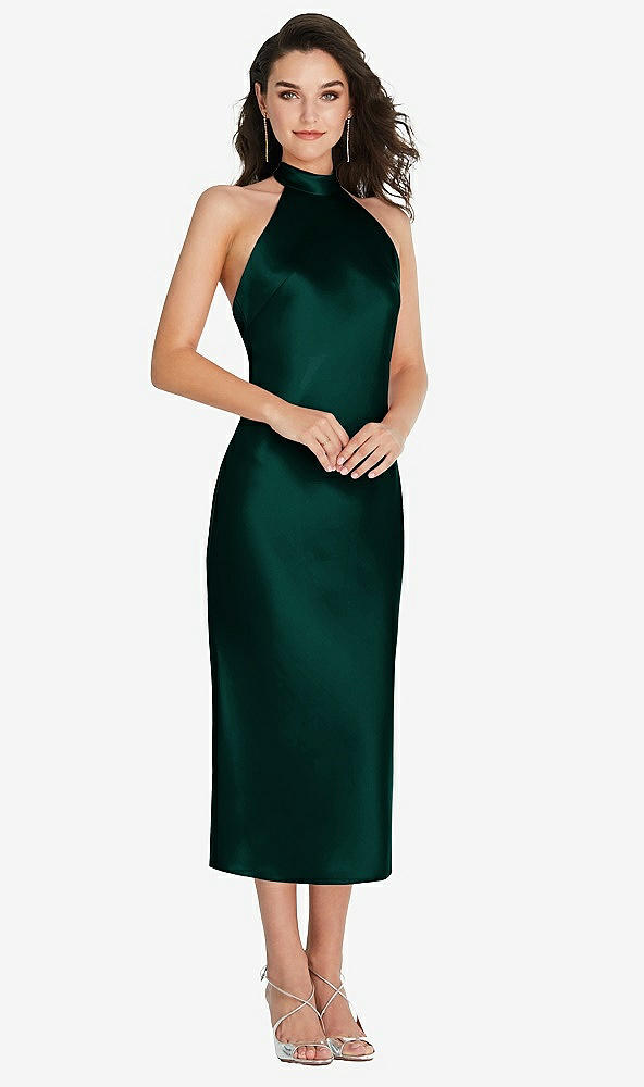 Front View - Evergreen Scarf Tie High-Neck Halter Midi Slip Dress