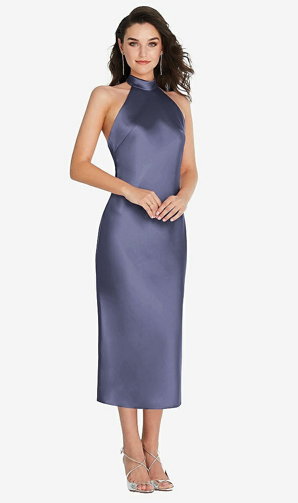 Front View - French Blue Scarf Tie High-Neck Halter Midi Slip Dress