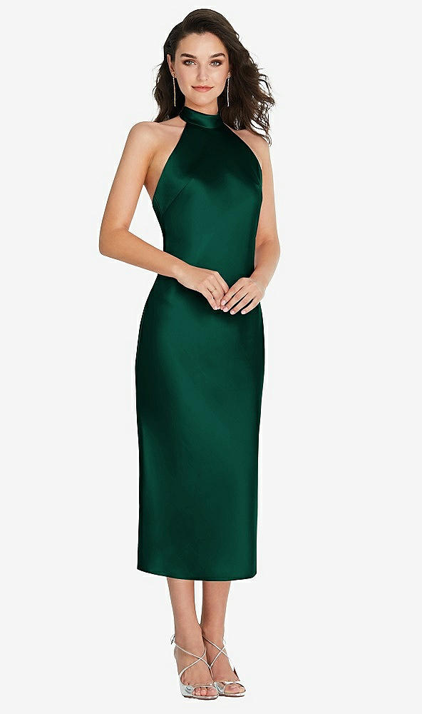 Front View - Hunter Green Scarf Tie High-Neck Halter Midi Slip Dress