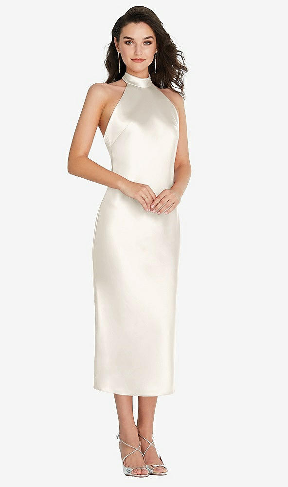 Front View - Ivory Scarf Tie High-Neck Halter Midi Slip Dress