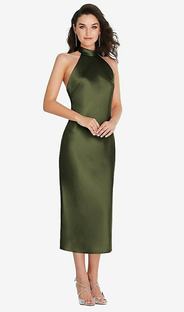 Front View - Olive Green Scarf Tie High-Neck Halter Midi Slip Dress