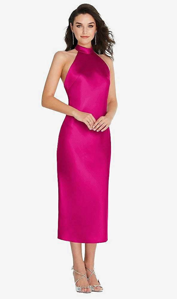 Front View - Think Pink Scarf Tie High-Neck Halter Midi Slip Dress