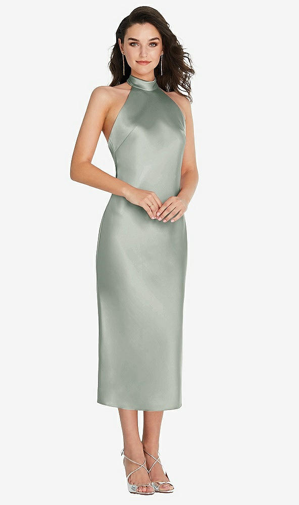 Front View - Willow Green Scarf Tie High-Neck Halter Midi Slip Dress