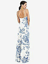 Rear View Thumbnail - Cottage Rose Dusk Blue Adjustable Strap Wrap Bodice Maxi Dress with Front Slit 