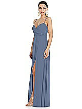 Side View Thumbnail - Larkspur Blue Adjustable Strap Wrap Bodice Maxi Dress with Front Slit 