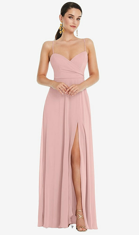 Front View - Rose - PANTONE Rose Quartz Adjustable Strap Wrap Bodice Maxi Dress with Front Slit 