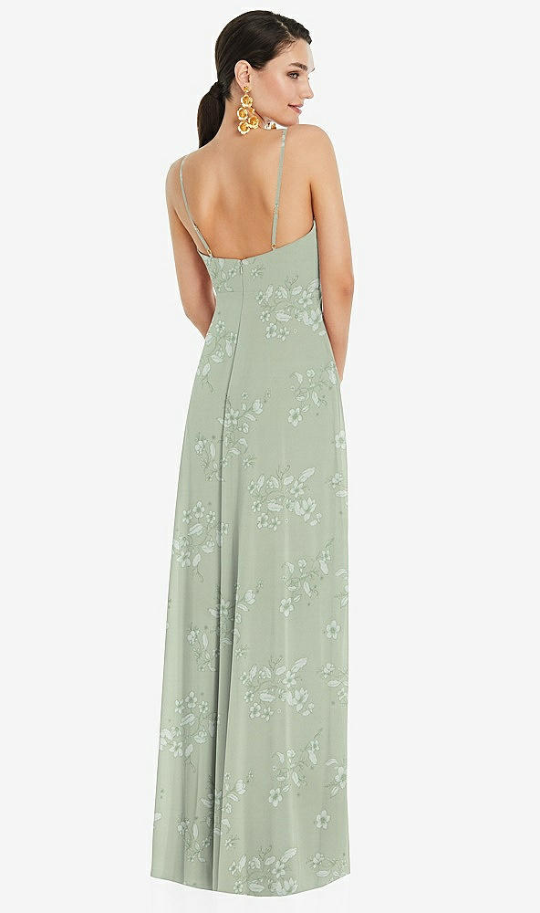 Back View - Vintage Primrose Sage Adjustable Strap Wrap Bodice Maxi Dress with Front Slit 