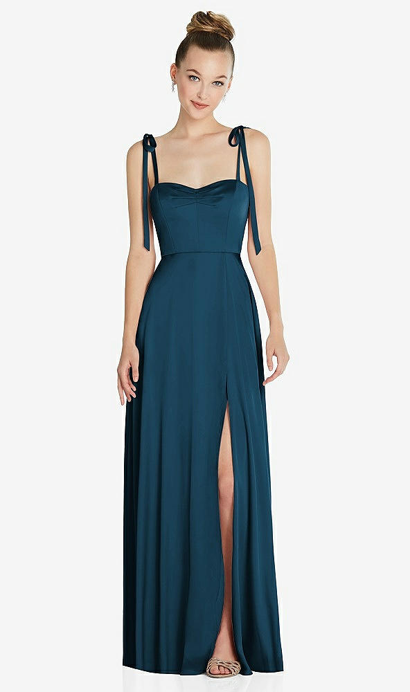 Front View - Atlantic Blue Tie Shoulder A-Line Maxi Dress