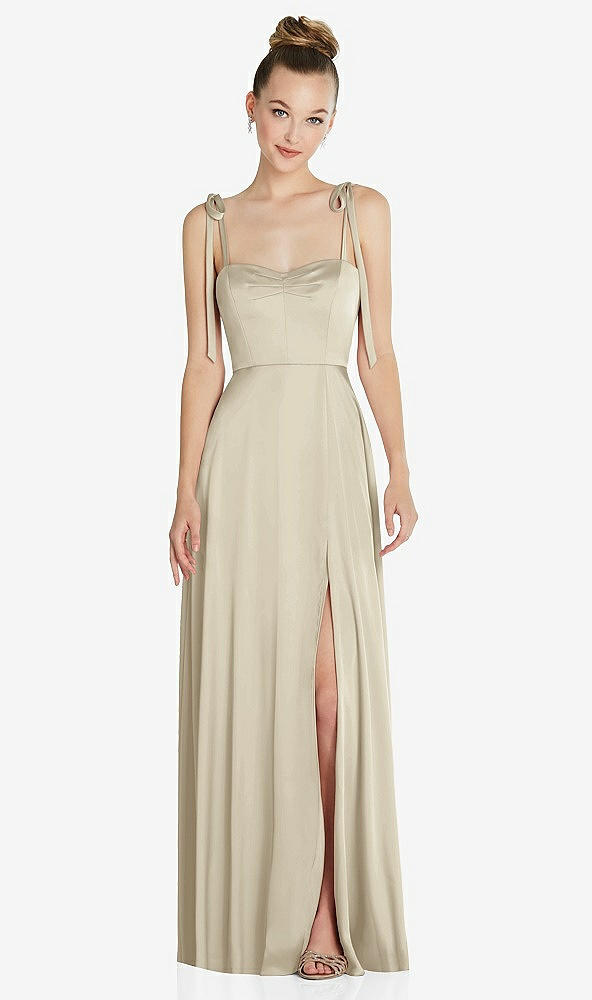 Front View - Champagne Tie Shoulder A-Line Maxi Dress