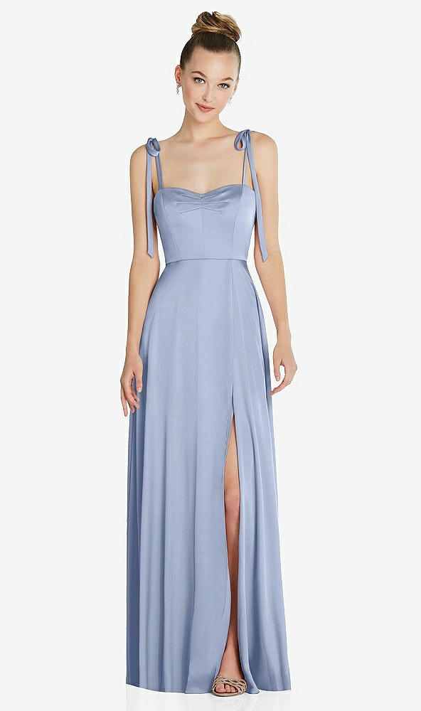 Front View - Sky Blue Tie Shoulder A-Line Maxi Dress