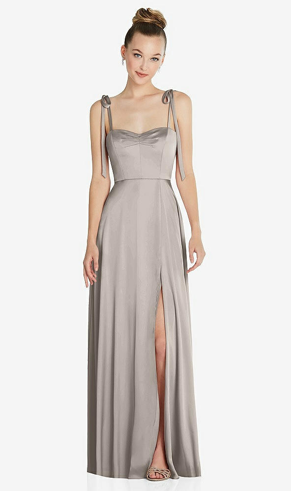 Front View - Taupe Tie Shoulder A-Line Maxi Dress