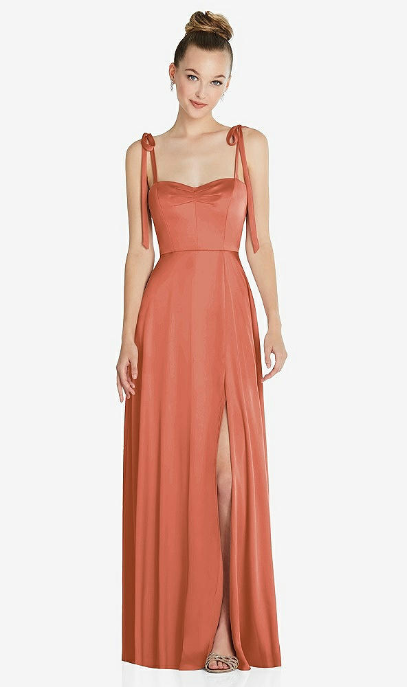 Front View - Terracotta Copper Tie Shoulder A-Line Maxi Dress